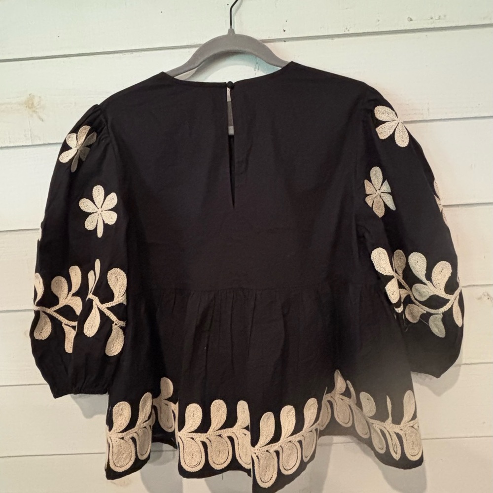 Anthropologie Black Peplum Blouse with Cream Floral Embroidery - Picture 10 of 13